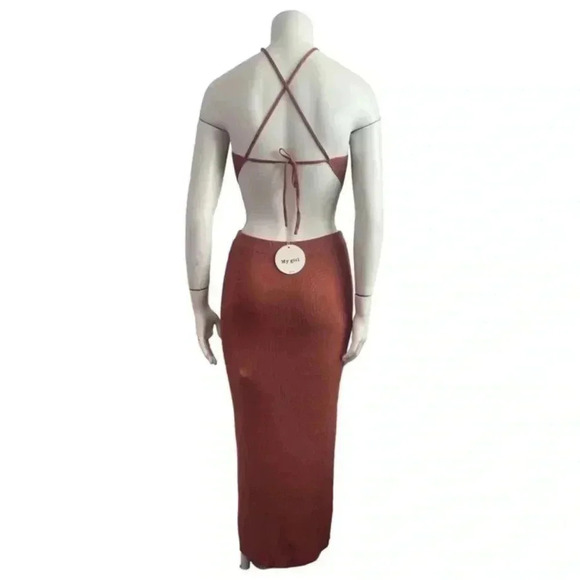 Australian MY GIRL Bronze Midi Halter Dress Handkerchief Tie Backless Women’s 8 - Picture 5 of 12